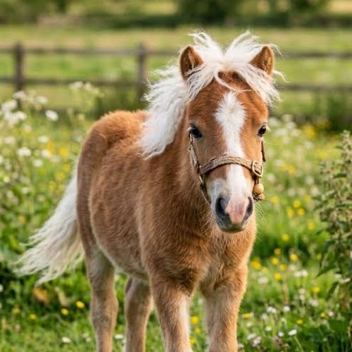 A miniature pony with a blonde mane in a grassy field